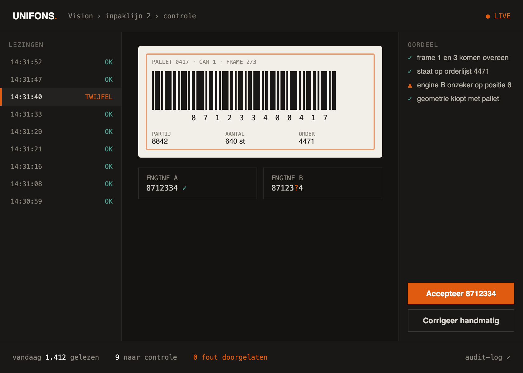 Unifons Vision: controle-wachtrij met twee engines, oordeel en audit-log